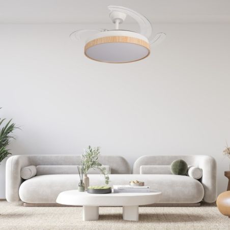 Ventilateur de Plafond LED Design Bois et Blanc Ø106 cm – Télécommande – Été/Hiver – CCT